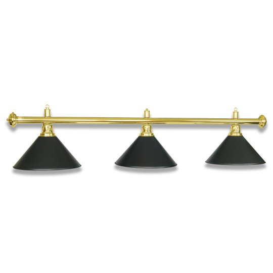 Billardlampe mit polierter Messing Oberfläche und schwarzen Blechschirmen.