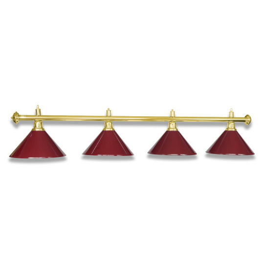 lustre / lampe de billard en couleur laiton avec 4 abat-jour bourgogne.