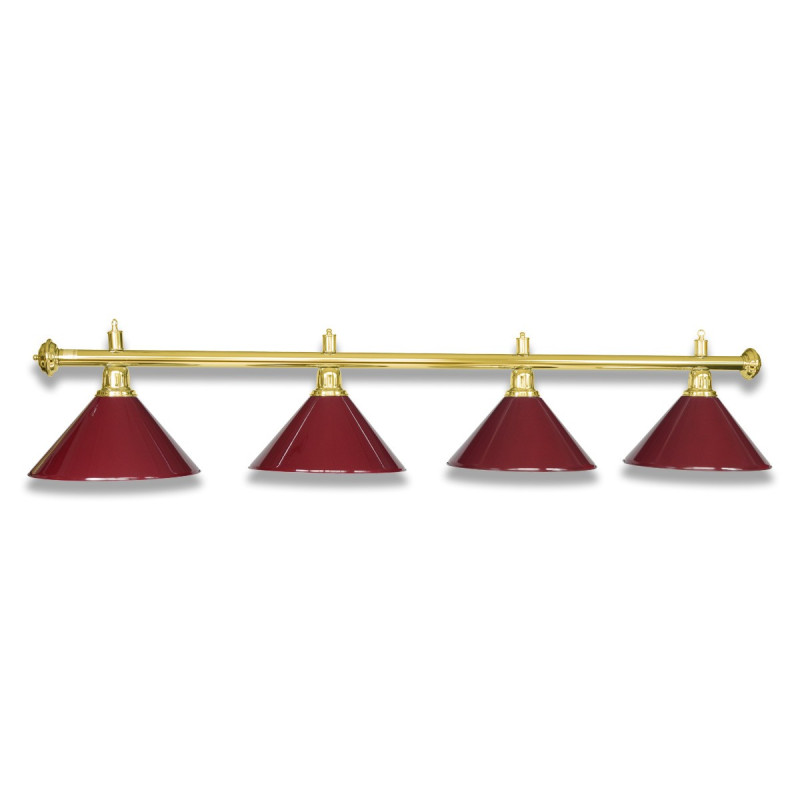 lustre / lampe de billard en couleur laiton avec 4 abat-jour bourgogne.