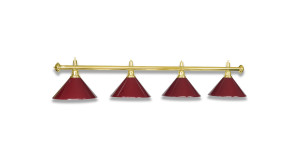 lustre / lampe de billard en couleur laiton avec 4 abat-jour bourgogne.