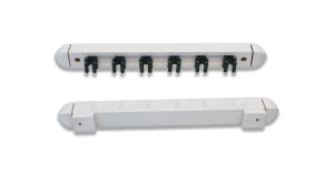 Einfacher Queuewandhalter für 6 Queues. Aus Holz, weiss.