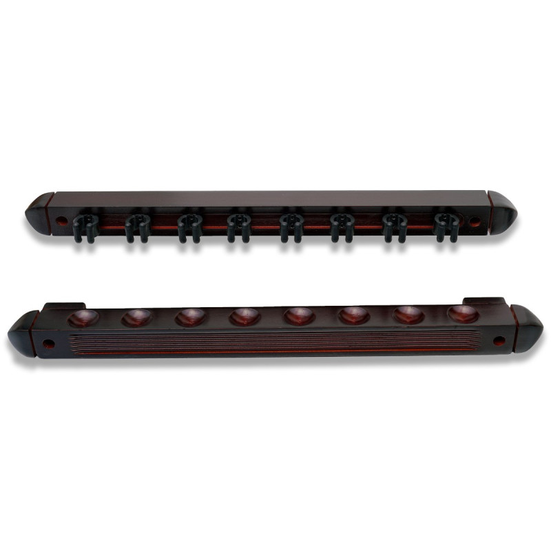 Queuewandhalter für 8 Queues aus Holz. Clips aus Plastik.